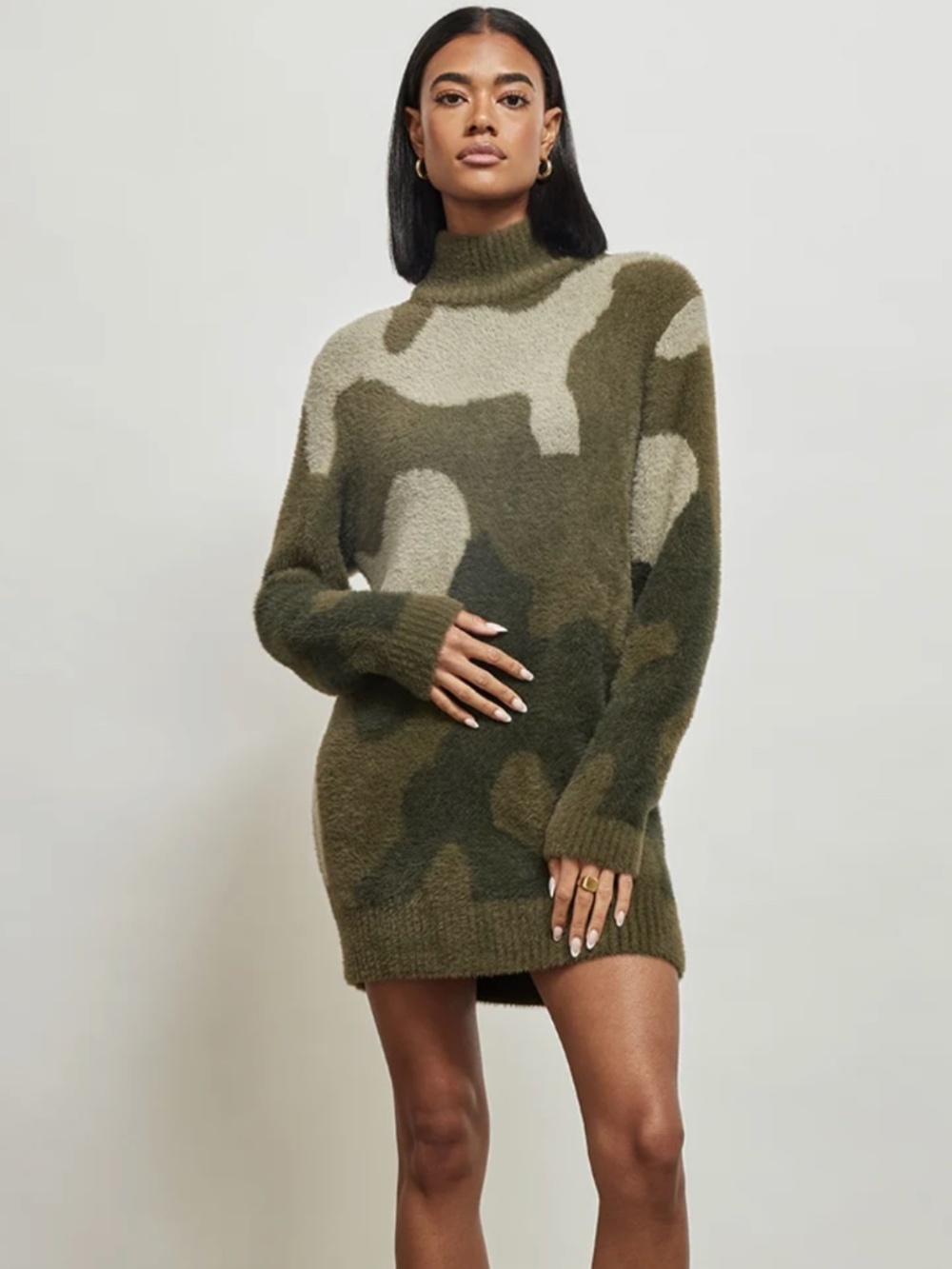 SER.O.YA Birch Fuzzy Sweater Dress Green Camo Size XS